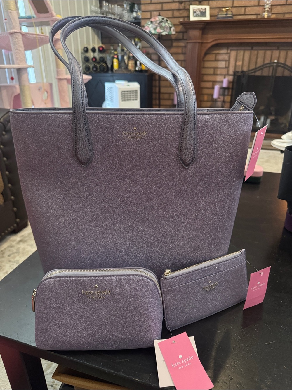 NWT Kate Spade purple glitter tote with matching makeup pouch and wallet